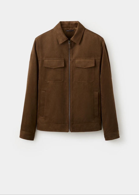 Suede-Effect Zip-Up Utility Jacket – Chocolate Brown