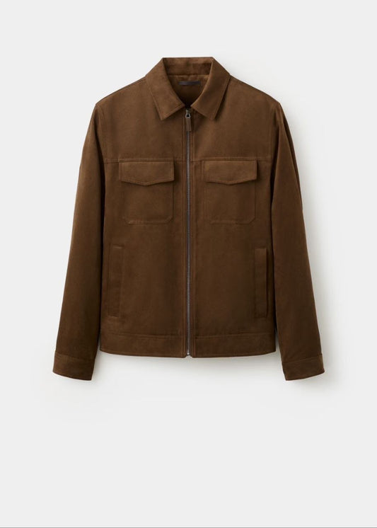 Suede-Effect Zip-Up Utility Jacket – Chocolate Brown