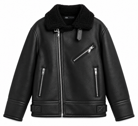 Zara Faux Leather Shearling Biker Jacket – Black