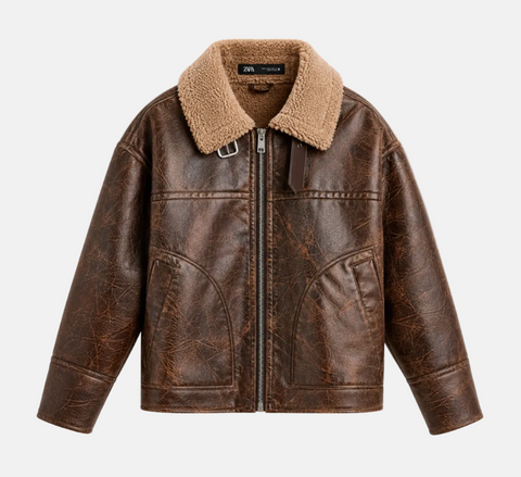 Zara Distressed Leather-Effect Aviator Jacket – Vintage Brown