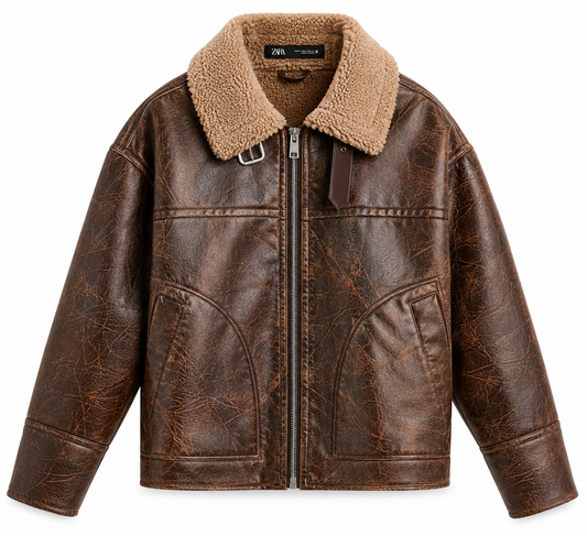 Zara Distressed Leather-Effect Aviator Jacket – Vintage Brown