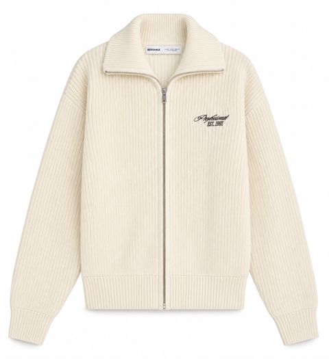 Bershka Ribbed Zip-Up Knit Jacket – Cream