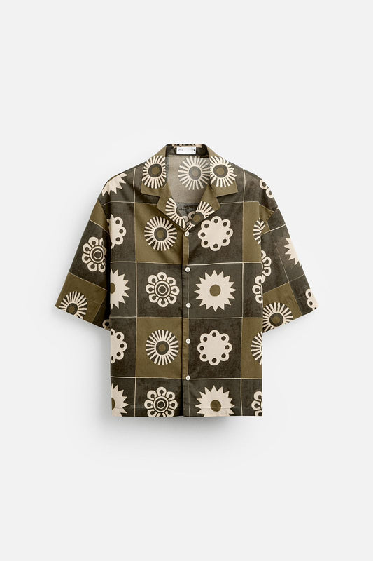ZARA Printed Linen Shirt – Olive