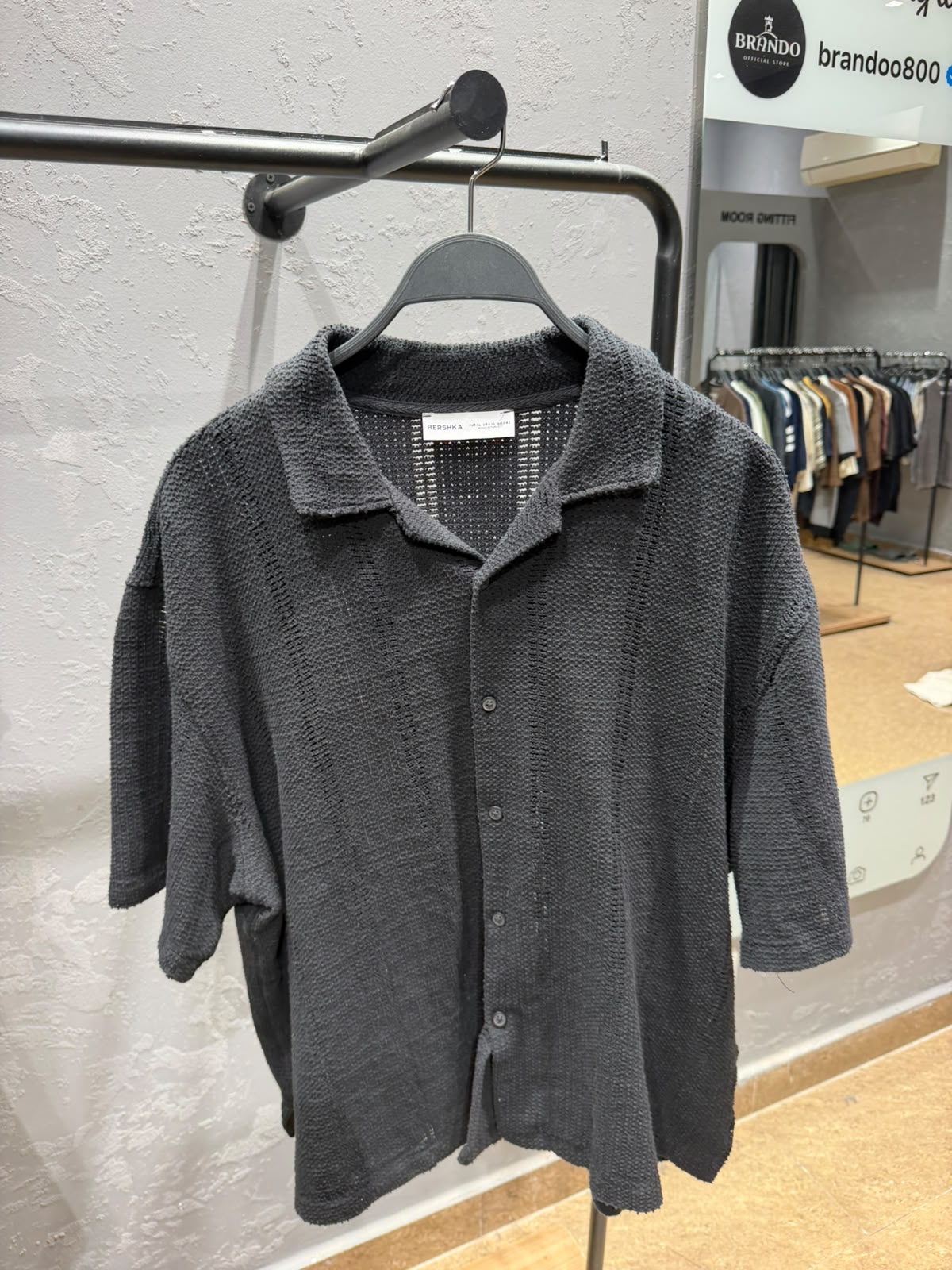 BERSHKA Textured Open-Knit Shirt – Charcoal Black