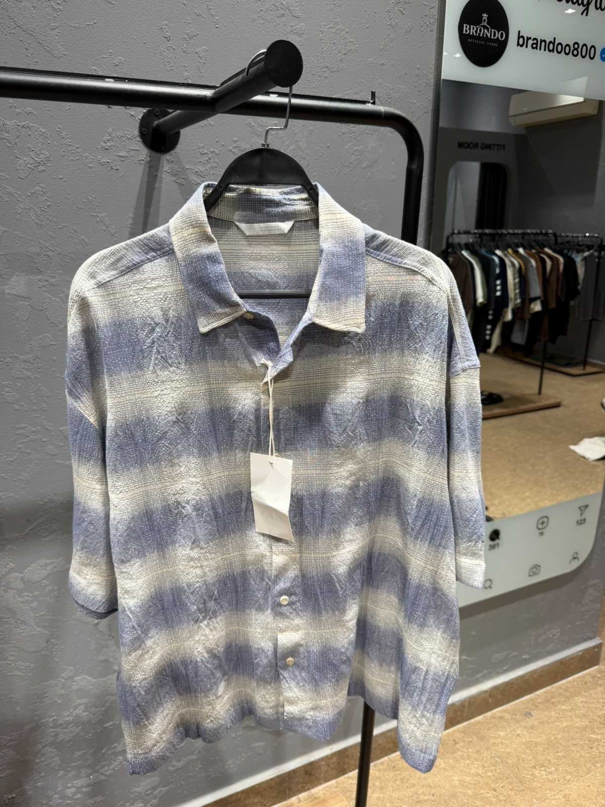 ZARA Textured Gradient Stripe Resort Shirt – Ecru & Dusty Blue