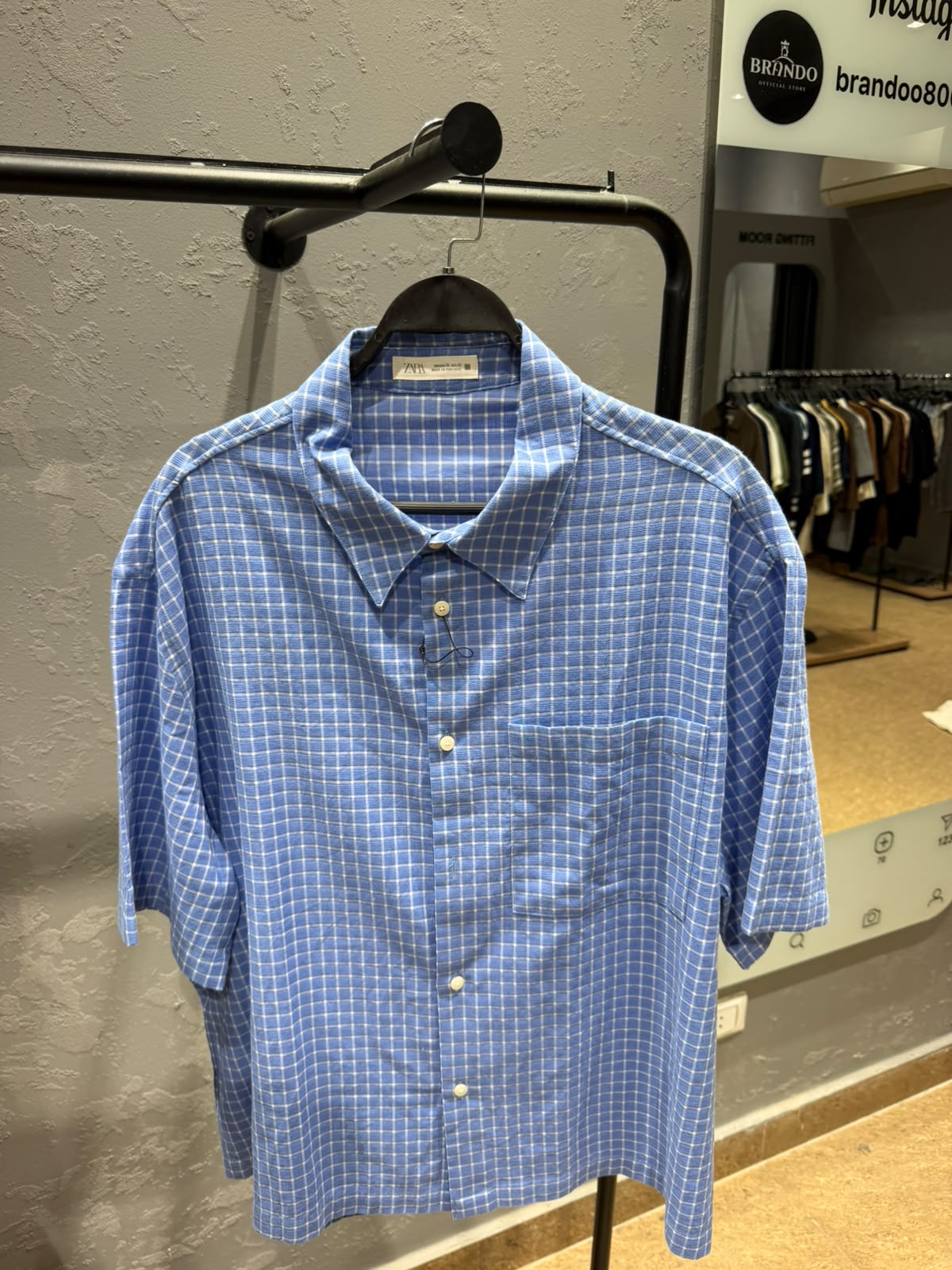 ZARA Checked Relaxed Shirt – Sky Blue & White