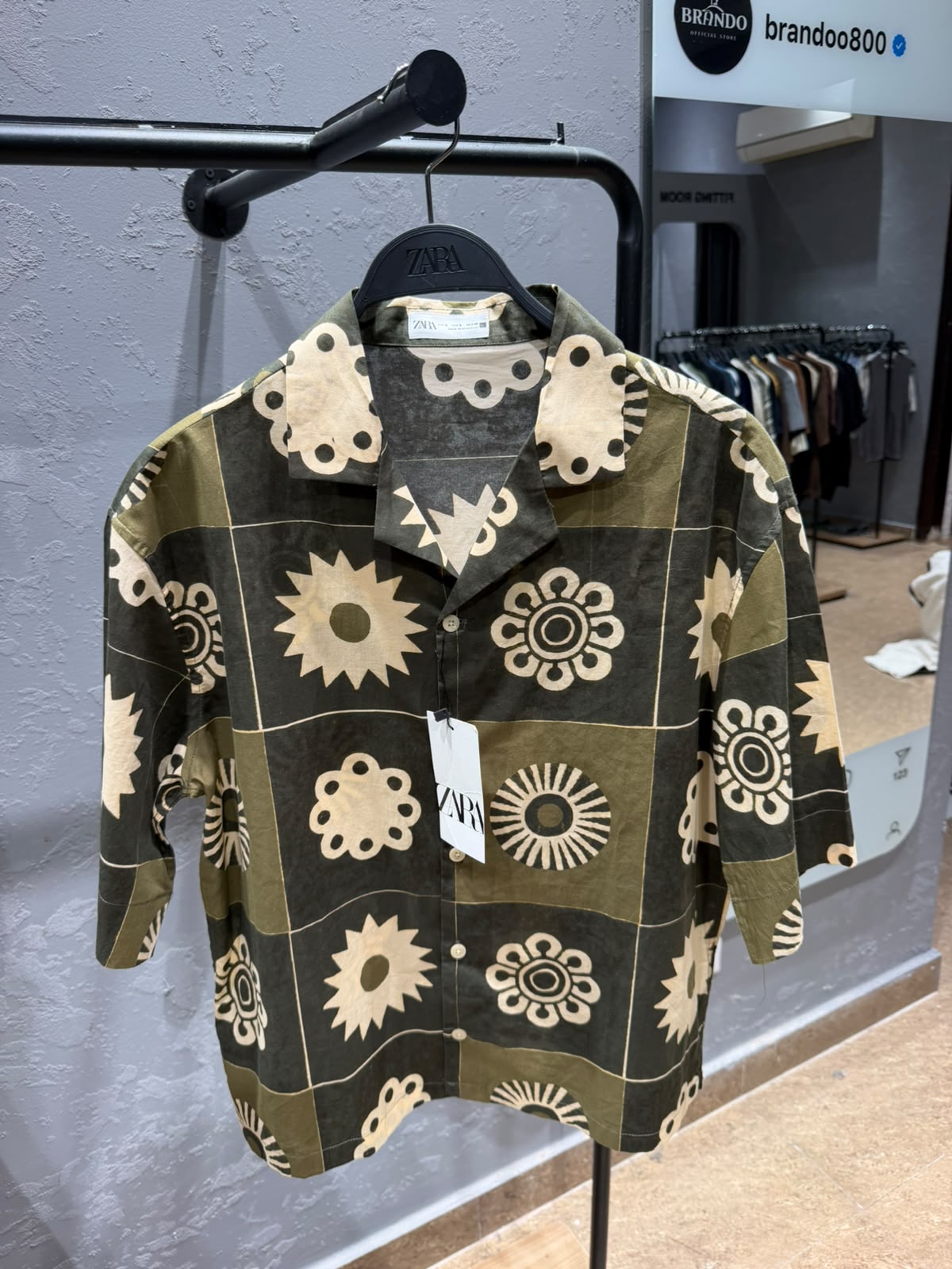 ZARA Geometric Floral Print Resort Shirt – Olive & Ecru
