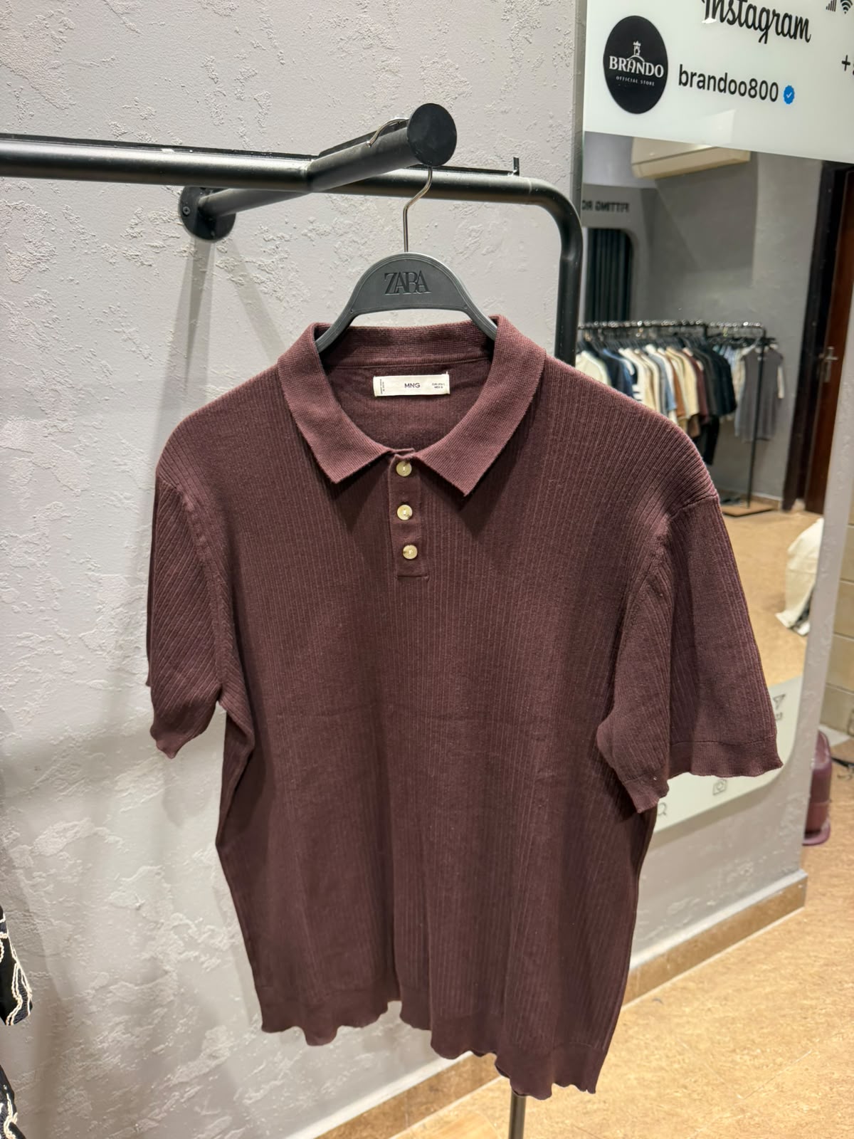 MANGO Ribbed Knit Polo Shirt – Burgundy