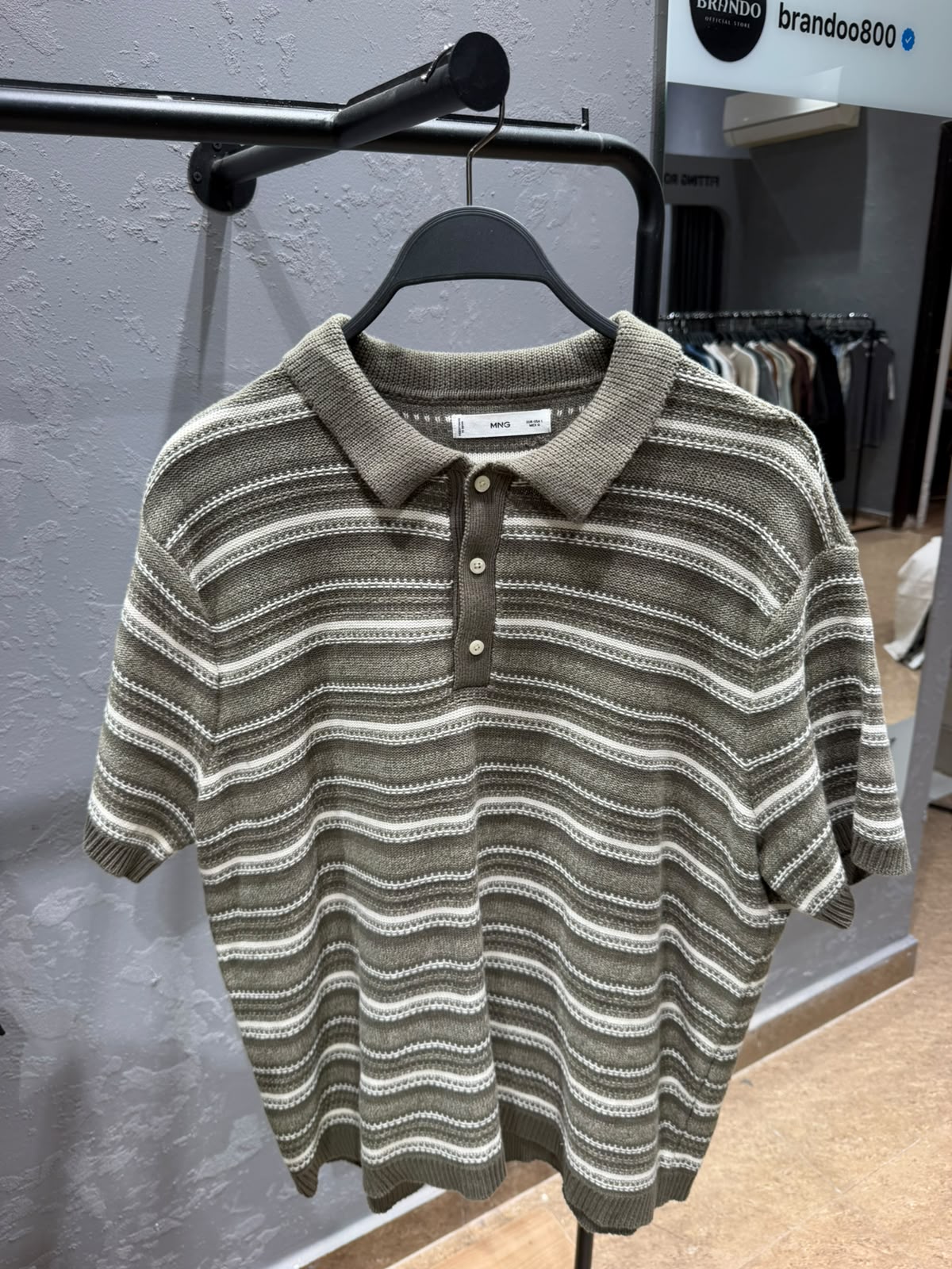 MANGO Striped Knit Polo Shirt – Khaki & Ecru