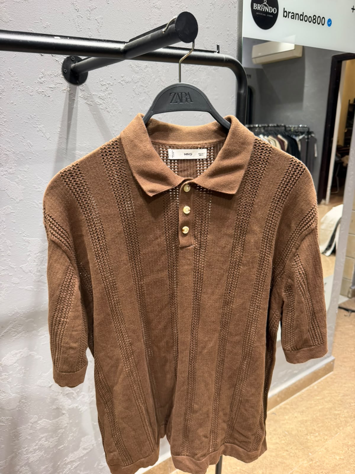 MANGO Openwork Knit Polo Shirt – Tobacco Brown