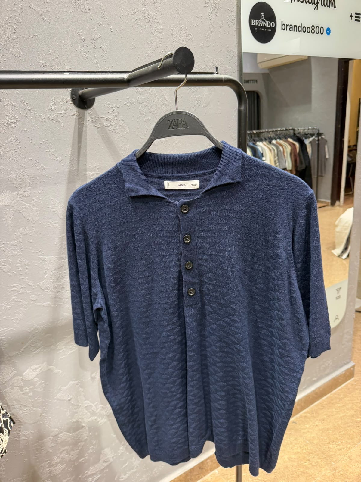 MANGO Textured Knit Polo Shirt – Navy Blue