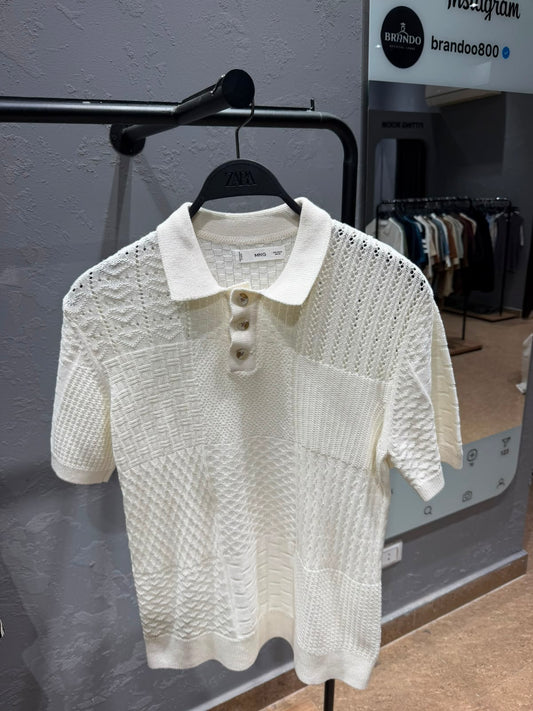MANGO Patchwork Textured Knit Polo Shirt – Ecru