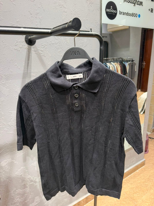 MANGO Openwork Knit Polo Shirt – Black