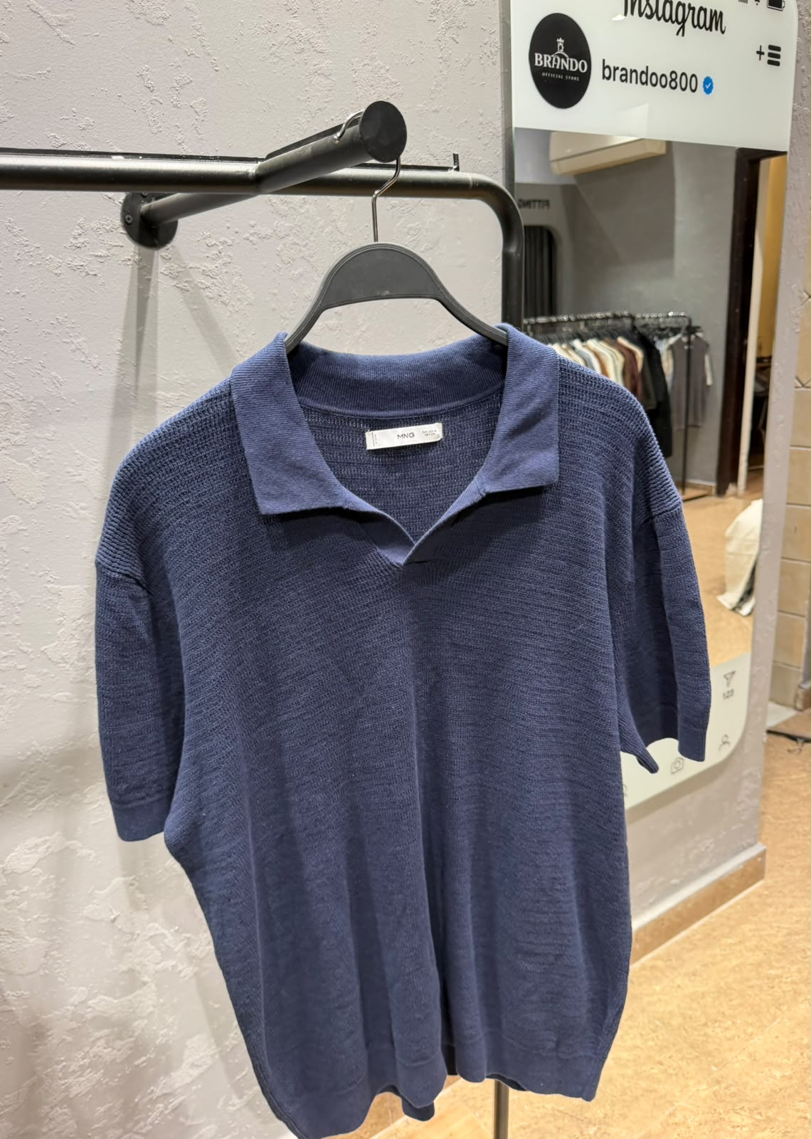 MANGO Open Collar Knit Polo Shirt – Navy Blue