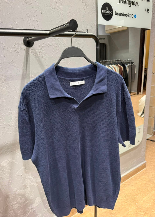 MANGO Open Collar Knit Polo Shirt – Navy Blue