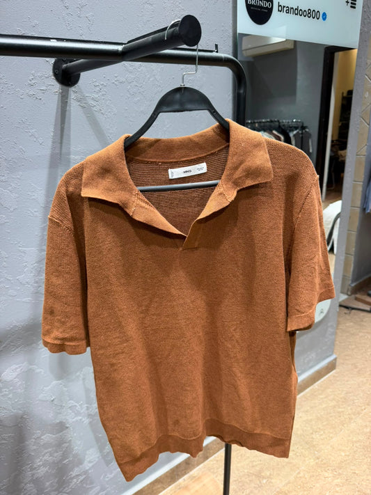 MANGO Open Collar Knit Polo Shirt – Rust Brown