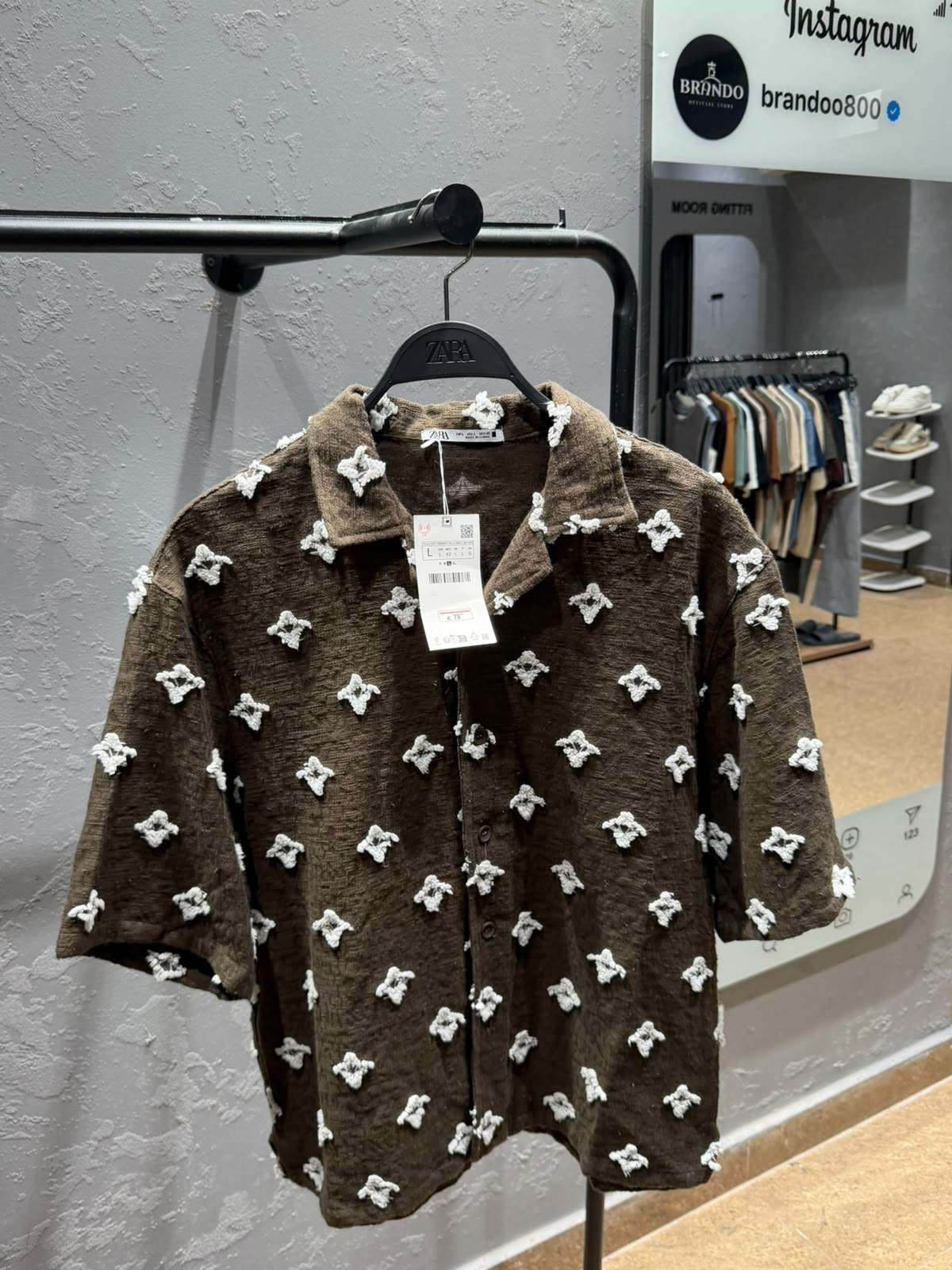 ZARA Textured Embroidered Shirt – Chocolate Brown