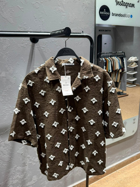 ZARA Textured Embroidered Shirt – Chocolate Brown