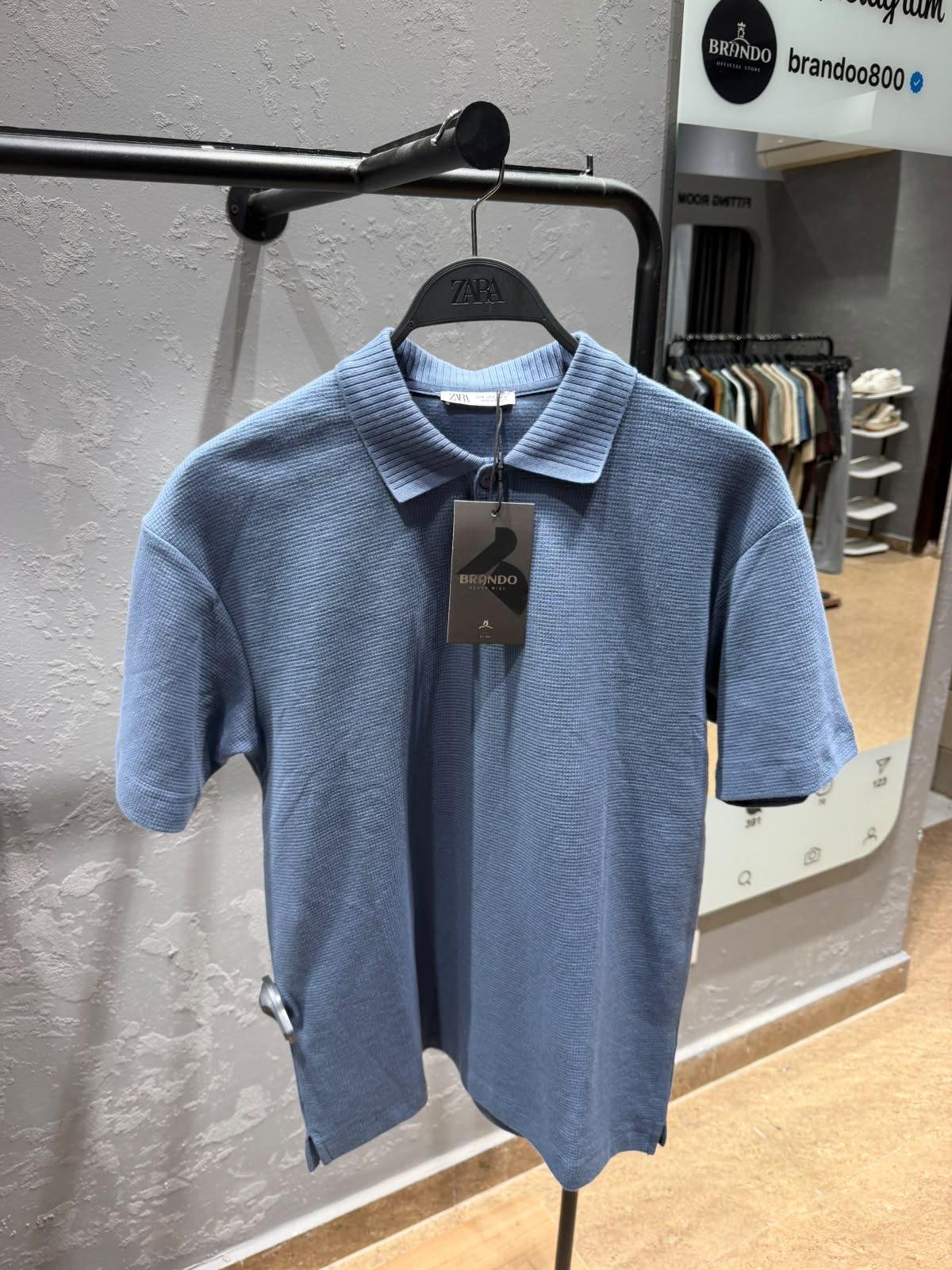 ZARA Textured Knit Polo – Dusty Blue