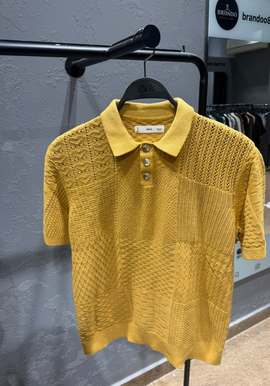 MANGO Patchwork Knit Polo – Mustard Yellow