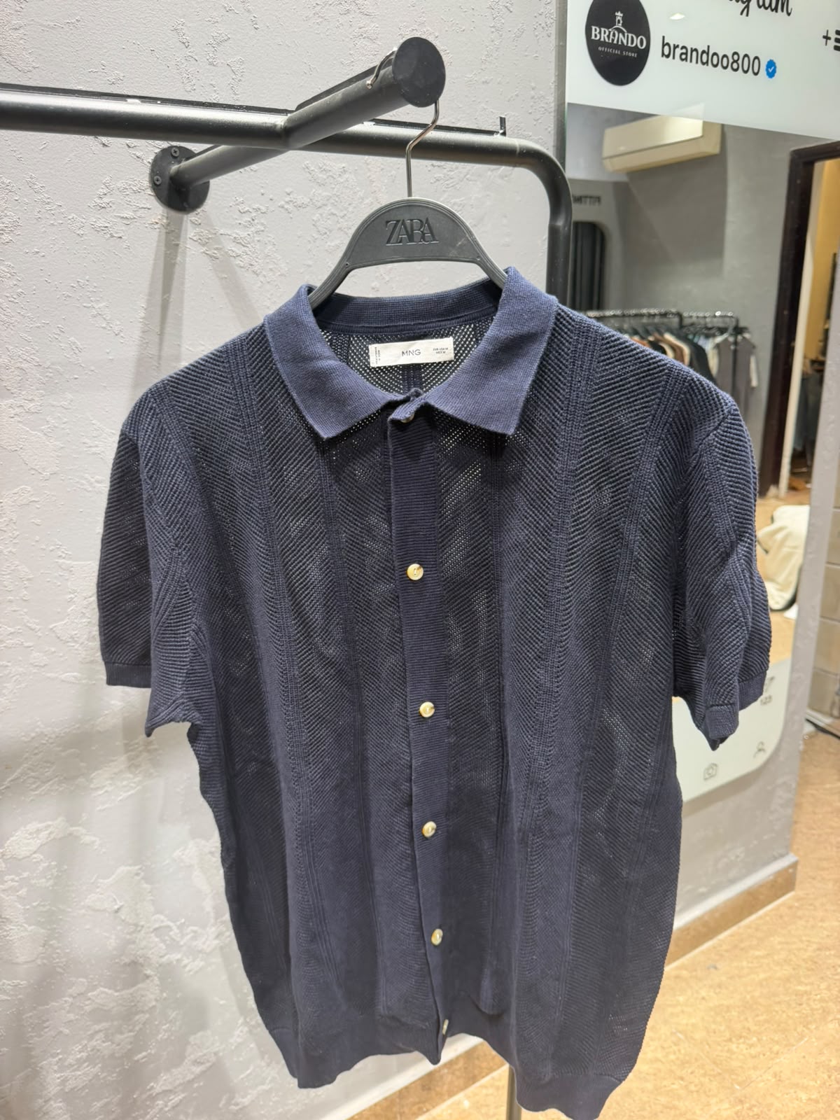MANGO Textured Knit Button-Up Polo – Navy Blue