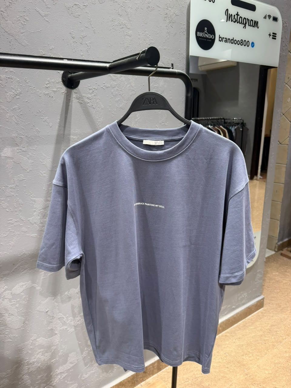 ZARA Minimal Text T-Shirt – Washed Slate Blue